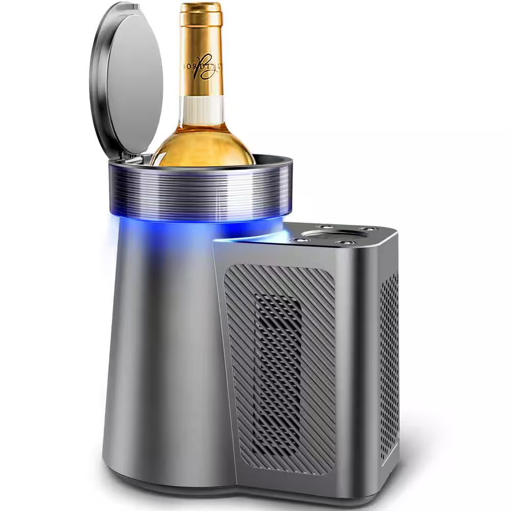 5.9 In. Portable Single Bottle Cellar Cooling Unit Wine Beverage Cooler in Stainless Steel + Car Charger Adapter