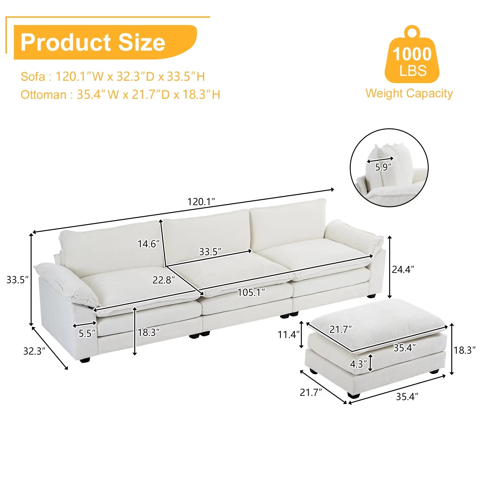 Sectional Sofa L Shaped Couch with Chaise Living Room Sleeper Set, 2 Seats with Chenille and Double Layer Cushions 86" W Beige