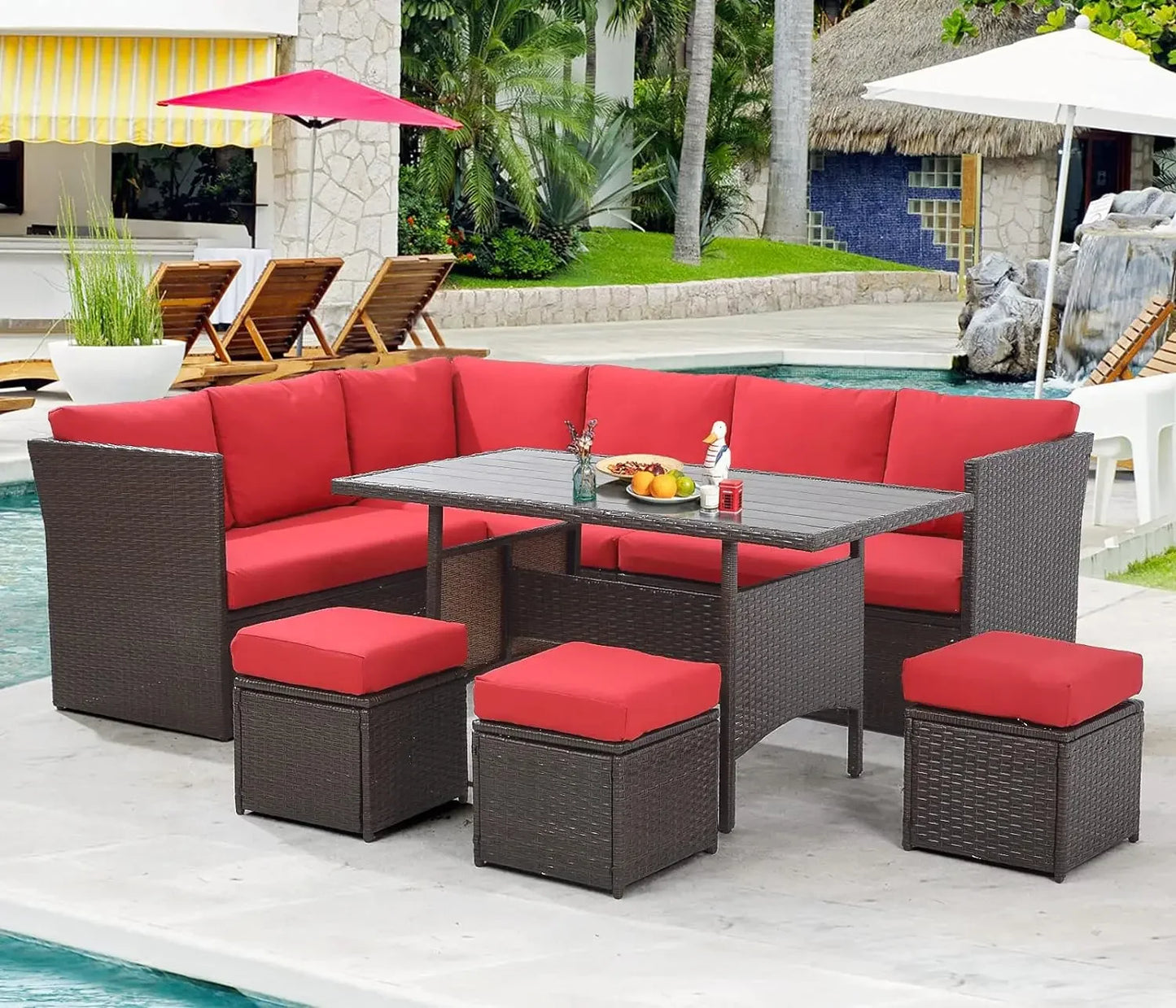 Patio Furniture Set 7 Pieces Outdoor Patio Furniture with Dining Table&Chair All Weather Wicker Conversation Set Withottoman