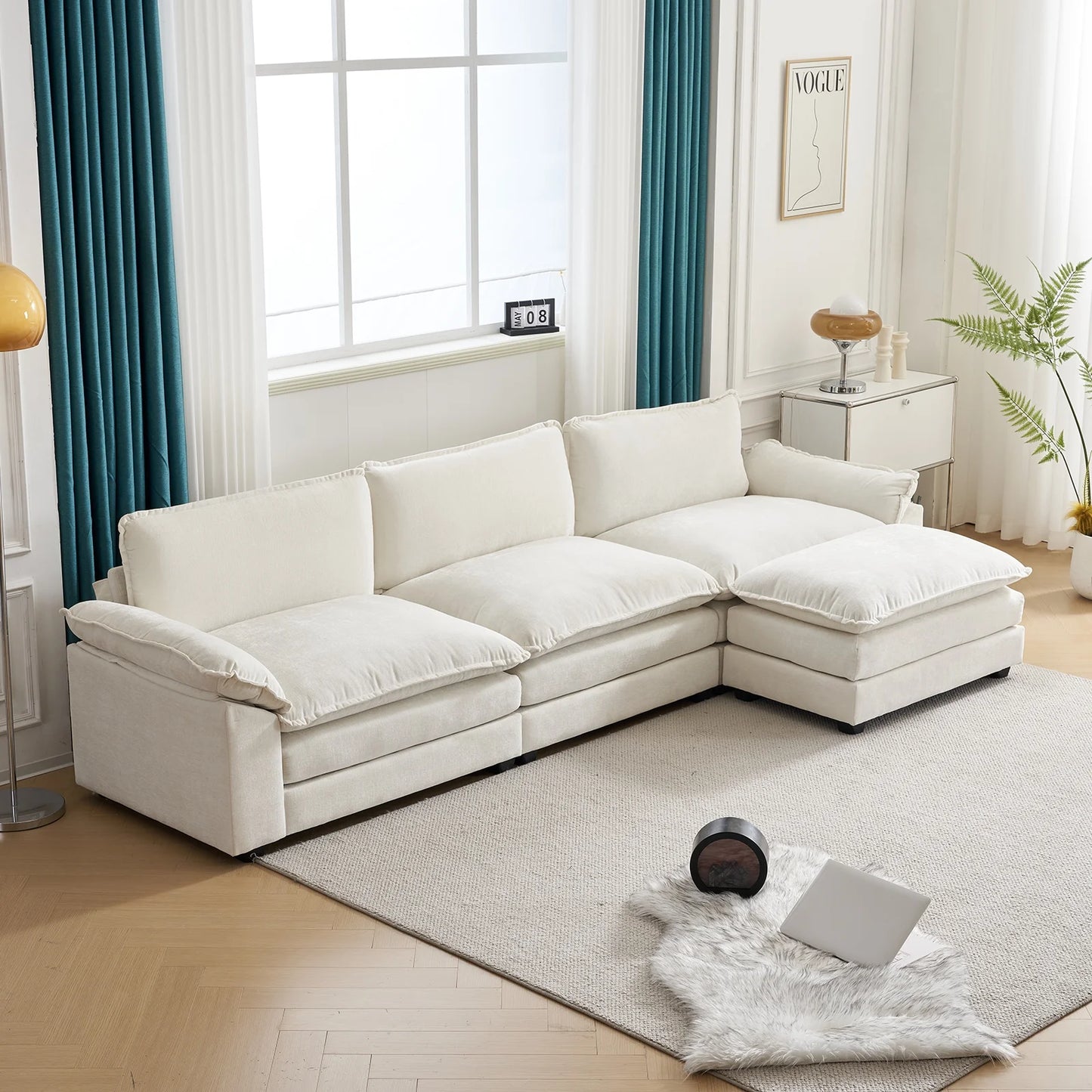 Sectional Sofa L Shaped Couch with Chaise Living Room Sleeper Set, 2 Seats with Chenille and Double Layer Cushions 86" W Beige