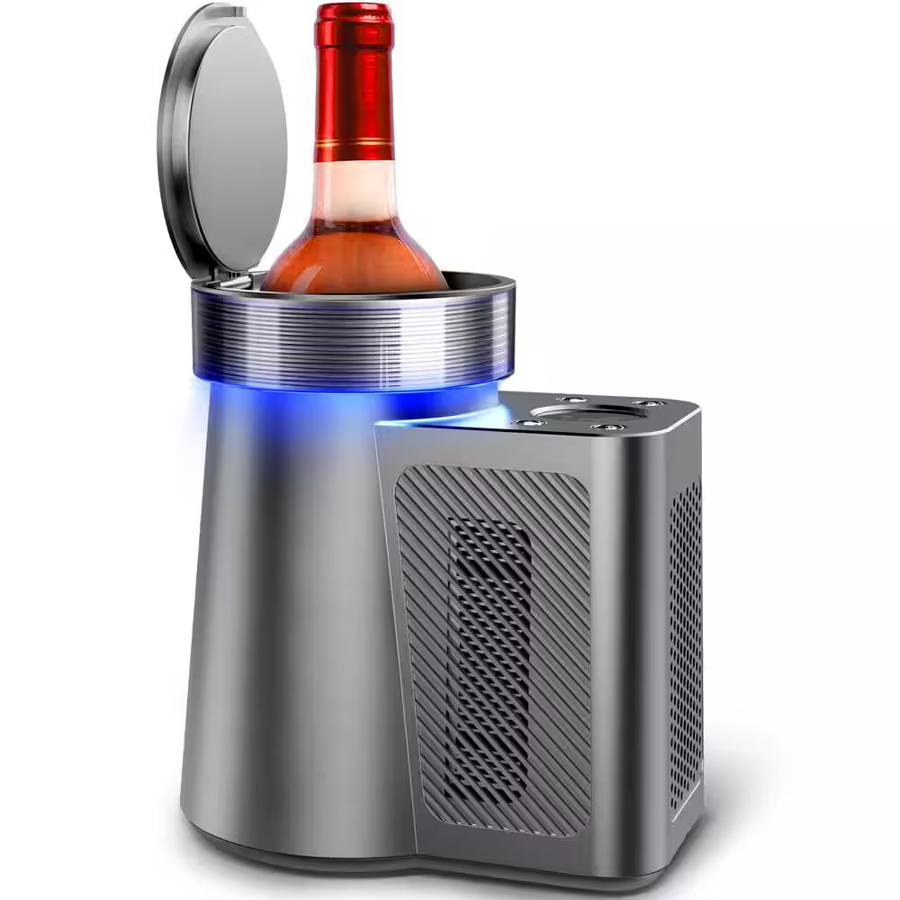 5.9 In. Portable Single Bottle Cellar Cooling Unit Wine Beverage Cooler in Stainless Steel + Car Charger Adapter