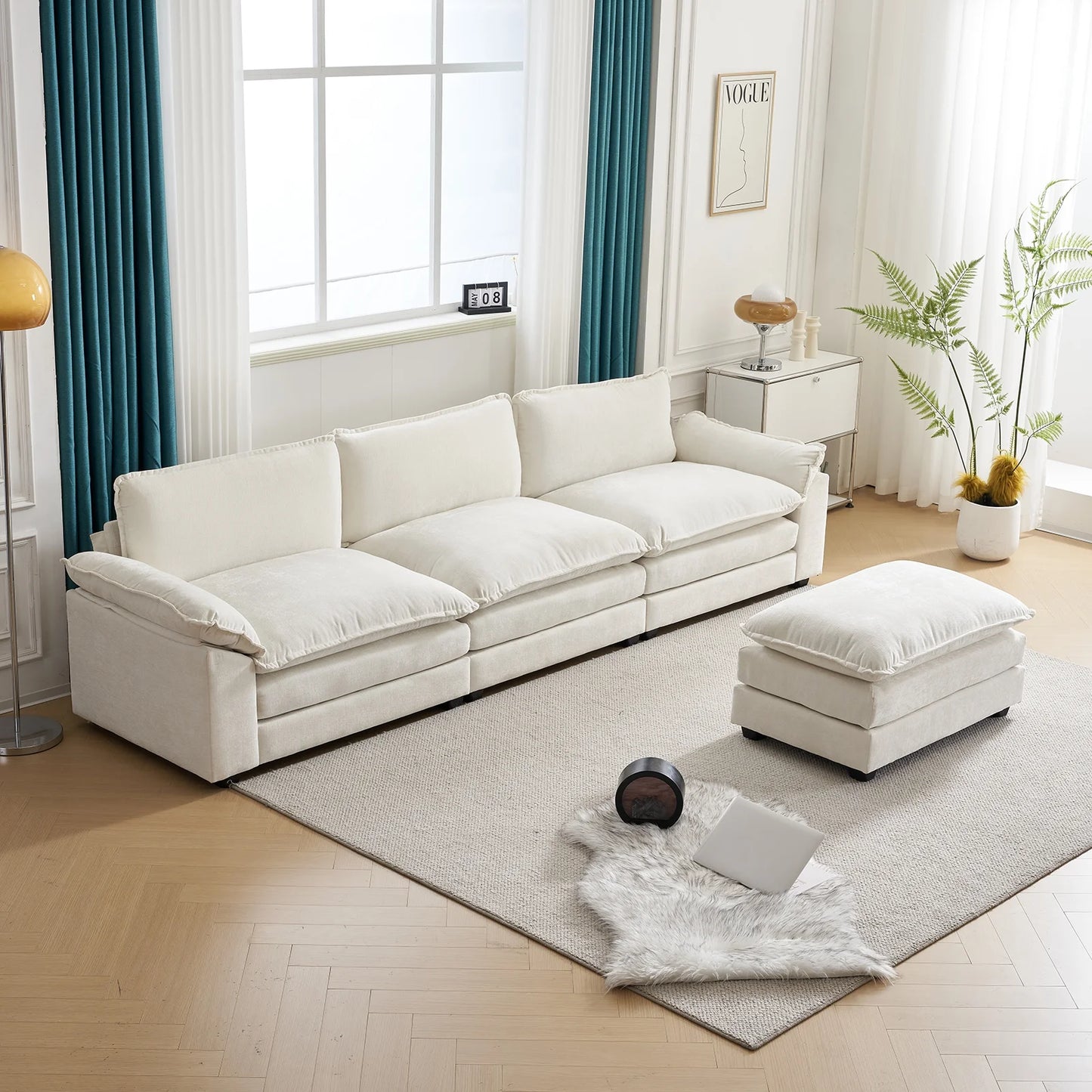 Sectional Sofa L Shaped Couch with Chaise Living Room Sleeper Set, 2 Seats with Chenille and Double Layer Cushions 86" W Beige