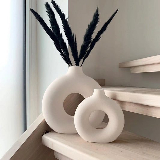 Ceramic Vases for Home Decor, Set of 2 Donut Vases, Modern Vase, White Vases, Farmhouse Vase, Decorative Vase, round Boho Vase for Bookshelf, Mantel, Table, Fireplace Decor